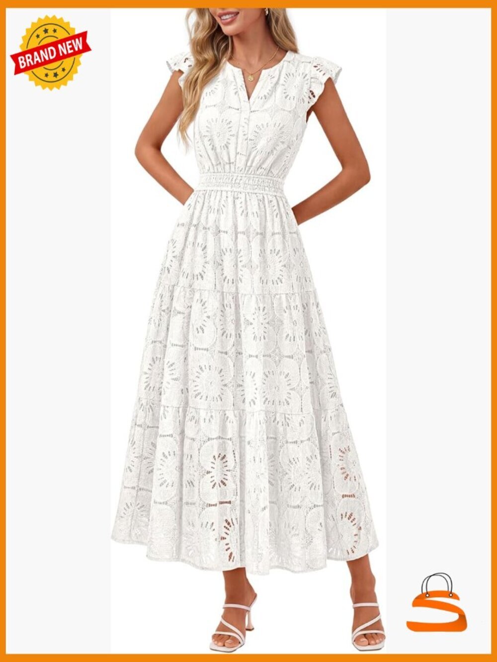 Flutter Sleeve Lace Maxi Dress Tiered Boho Beach Vacation Dress